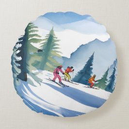 Lasst uns Ski fahren | Winter-Wasserfarbenmalerei Rundes Kissen