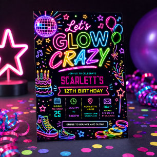 Lasst uns verrückt leuchten: Neon-Disco-Geburtstag Einladung