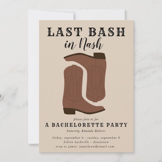 Last Bash in Nash Bachelorette Boots Einladung (Vorderseite)