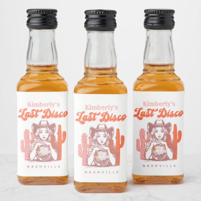 Last Disco Retro Cowgirl Pink Bachelorette Party  Alkoholflaschenetikett (Flaschen)
