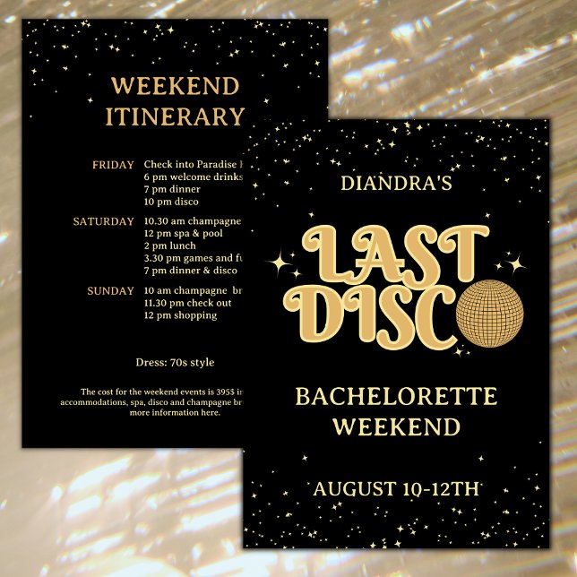 Last Disco Retro Gold Glitter Bachelorette Weekend Einladung (Last disco golden glitter bachelorette weekend invitation with itinerary retro font )