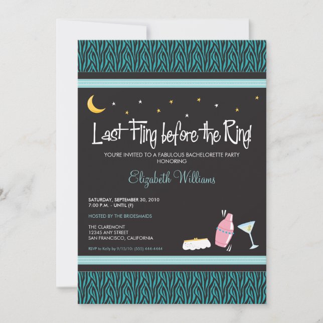 Last Fling Zebra Bachelorette Invitation (aqua) Einladung (Vorderseite)