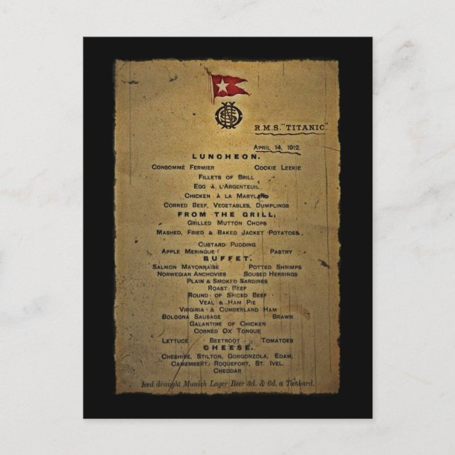 Last Menu RMS Titanic Postkarte (Vorderseite)