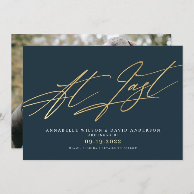 Last Navy & Gold Foto Verlobung Ankündigung (Vorne/Hinten)
