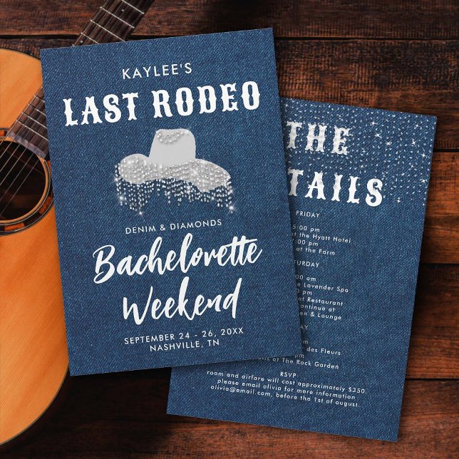Last Rodeo Denim Diamonds Cowgirl Hat Bachelorette Einladung (rhinestone cowgirl bachelorette party invitation itinerary denim diamonds classy elegant stylish)