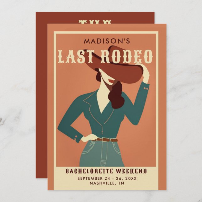 Last Rodeo Vintag Terracotta Cowgirl Bachelorette Einladung (Vorne/Hinten)
