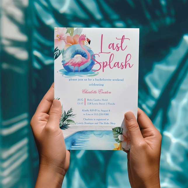 Last Splash Flamingo Bachelorette Wochenende Einladung (Last Splash Pool pool watercolor Pink flamingo tropical flower Bachelorette Weekend Invitation)