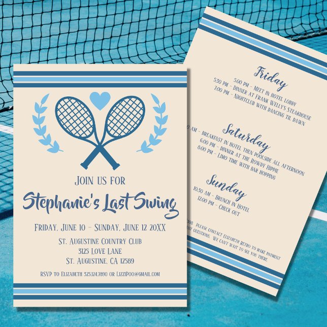 Last Swing Tennis Country Club Bacheloretto Einladung (Have a bach weekend filled with cocktails and country clubs with this "Last Swing" invitation)