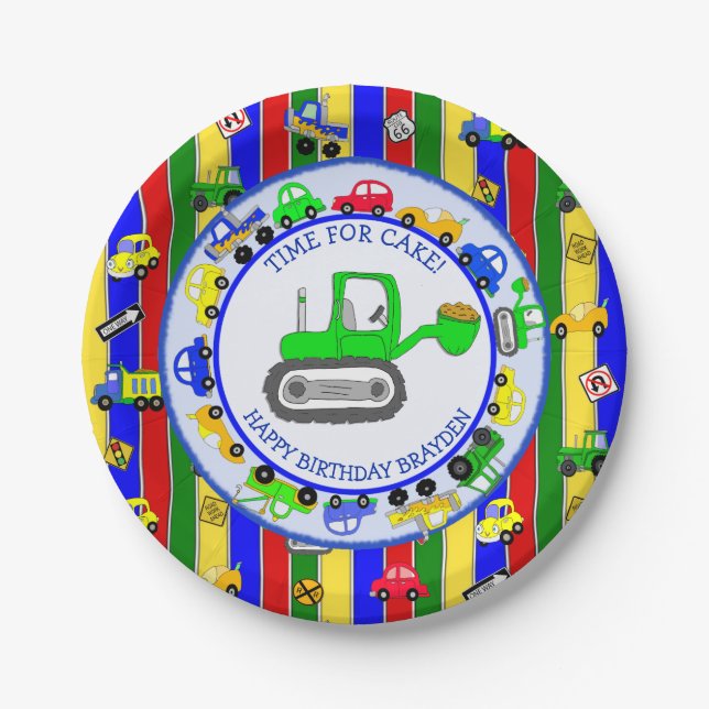 Lastkraftwagen, Autos, Traktoren und Verkehrszeich Pappteller (Vorderseite)