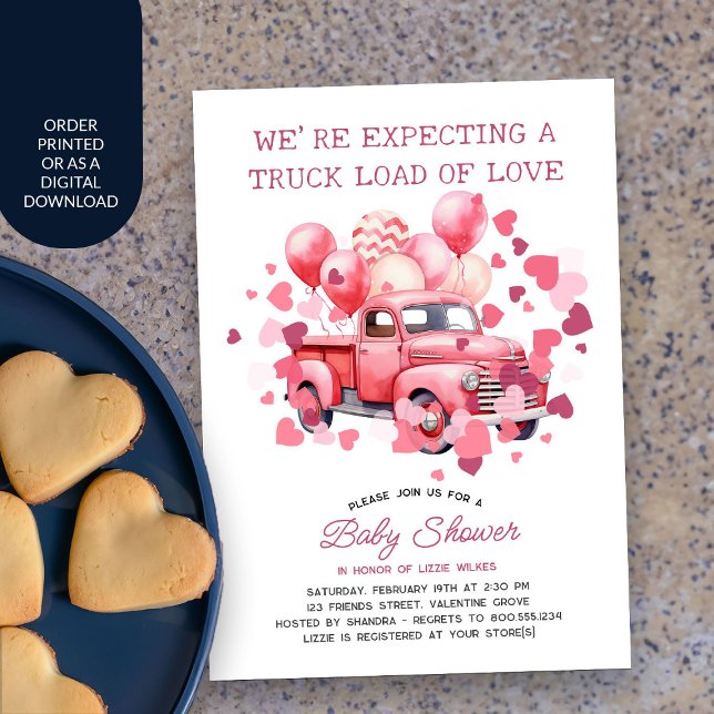 Lastkraftwagen Last Liebe Rosa Valentiner Babydusc Einladung (Valentine Baby Shower Invitation with pink vintage truck and love hearts)