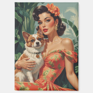 Lateinamerikanische Pin-Up mit süßem Hund Magnet
