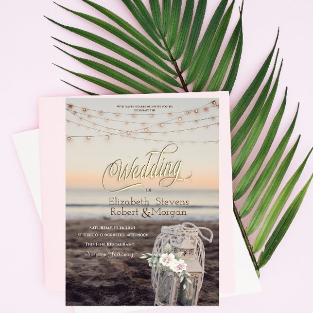 Laterne, String Lights, Blume, Beach Wedding Einladung (Von Creator hochgeladen)