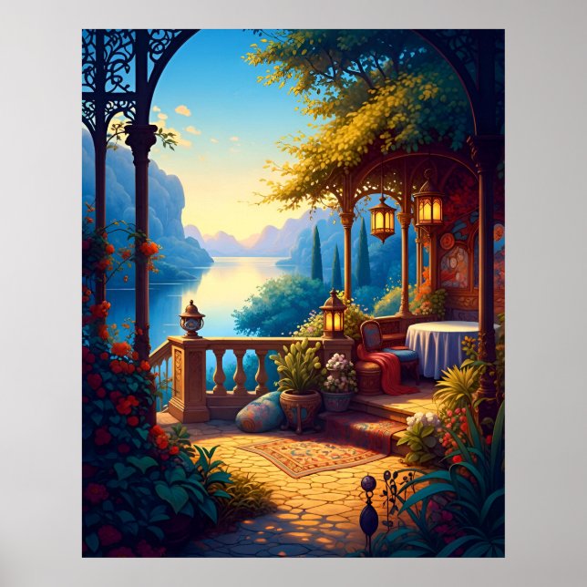 Laternen auf der leuchtenden Terrasse Poster (Vorne)