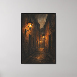Laternenbeleuchtete Gasse in Kohle und Aquarell Leinwanddruck