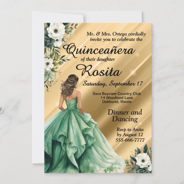 Latino Emerald Green Quinceanera Einladung (Vorderseite)