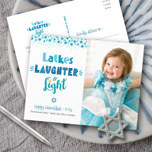 Latkes Lachen Licht Moderne Hanukkah-Foto mit Spaß Feiertagspostkarte