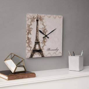 Latte Paris Grunge Wall Clock Quadratische Wanduhr