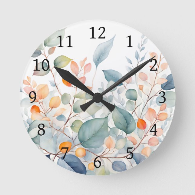Laub Grün Blau Orange Blätter Runde Wanduhr (Vorderseite)