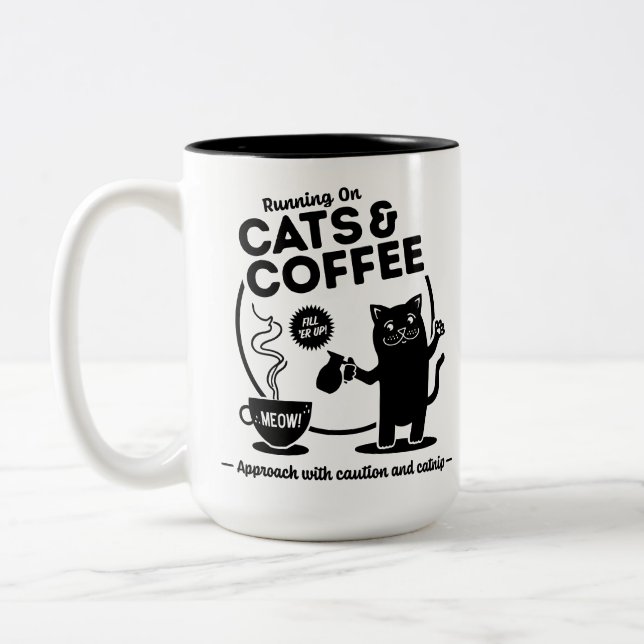 Laufen auf Katzen und Kaffee 15 oz. Zweifarbige Tasse (Links)