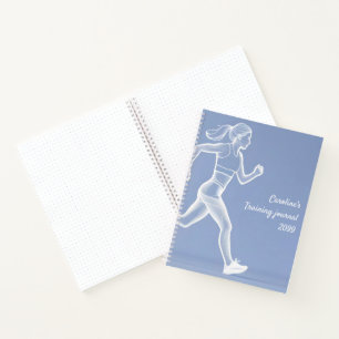 Laufende Frau feminine weiße blaue Trainingsjourna Notizbuch