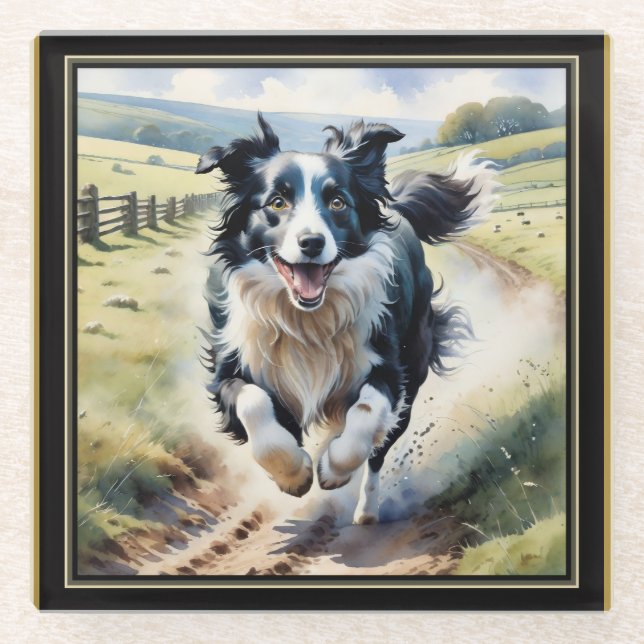 Laufender Border Collie Glasuntersetzer (Vorderseite)