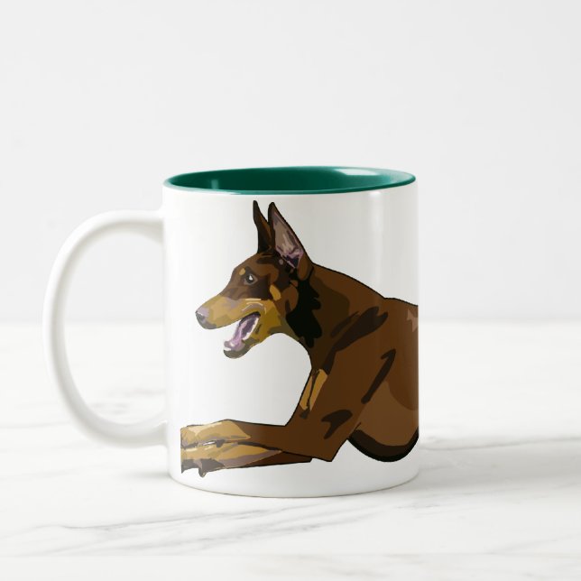 Laufender Dobermann, rot Zweifarbige Tasse (Links)
