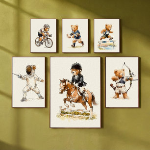 Laufender Teddybär-Hürdenläufer-Tiersport-Kinderzi Poster