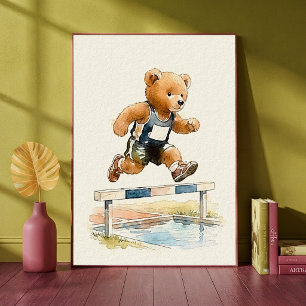 Laufender Teddybär-Hürdenläufer-Tiersport-Kinderzi Poster