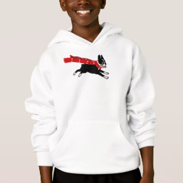 Laufendes Boston Terrier, das roten Winter-Schal Hoodie