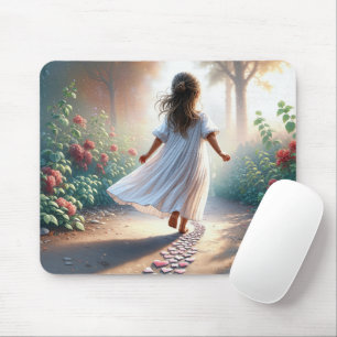 Laufendes kleines Mädchen auf einem Herzpfad Mousepad