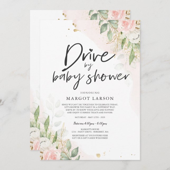 Laufwerk mit Baby Dusche Einladung Grün Pink Gold (Vorne/Hinten)