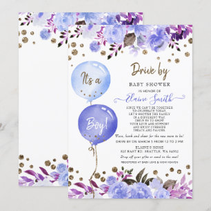 Laufwerk von Balloons Blue Floral Boy Baby Showdus Einladung