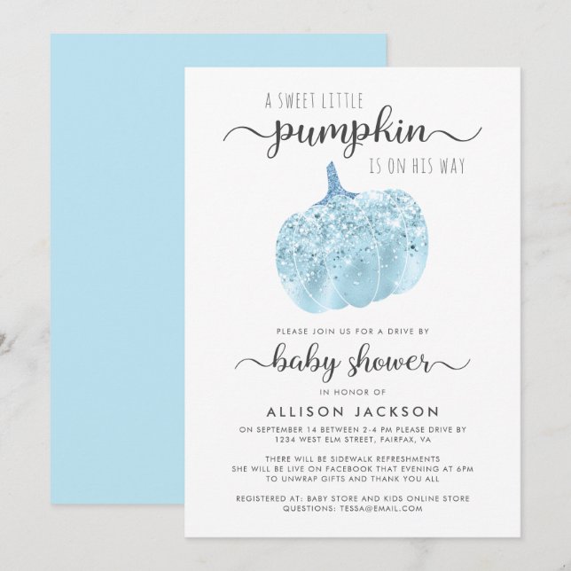 Laufwerk von Pumpkin Blue Glitzer Sparkle Baby Dus Einladung (Vorne/Hinten)
