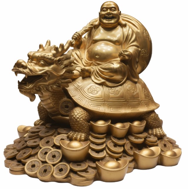Laughing Buddha Riding Dragon Turtle Tortoise 2D Freistehende Fotoskulptur (Vorne)