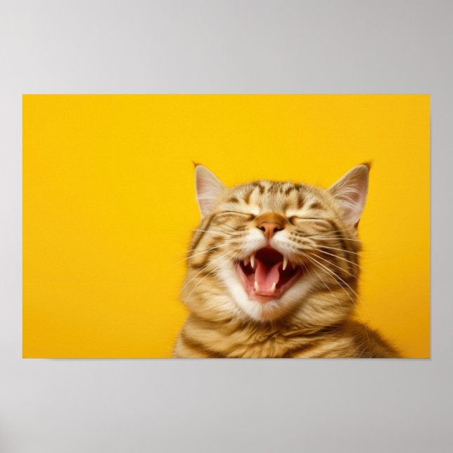 Laughing Ginger Cat on Yellow Background — Niedlic Poster (Vorne)