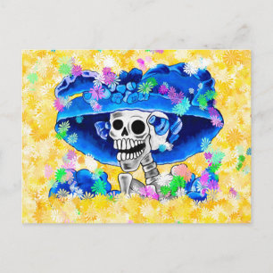 Laughing Skeleton Woman in Blue Bonnet on Yellow Postkarte