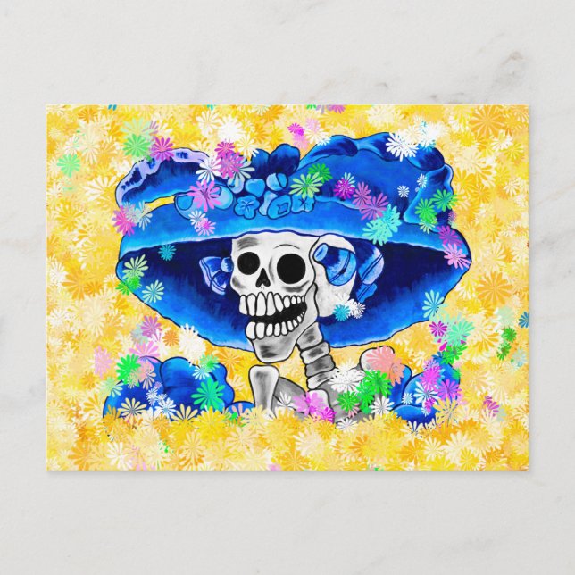 Laughing Skeleton Woman in Blue Bonnet on Yellow Postkarte (Vorderseite)