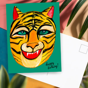 Laughing Tiger Watercolor Happy Birthday farbenfro Postkarte