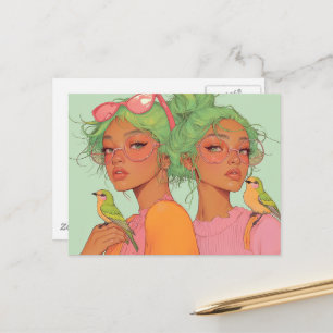 Launen Mädchen mit Vögeln Postkarte