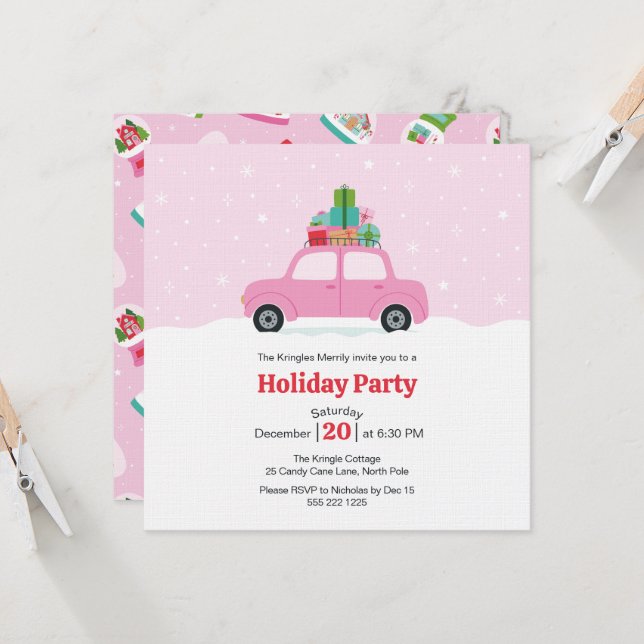 Launenes Auto mit Weihnachtsgeschenken in Rosa Einladung (Vorderseite/Rückseite Beispiel)