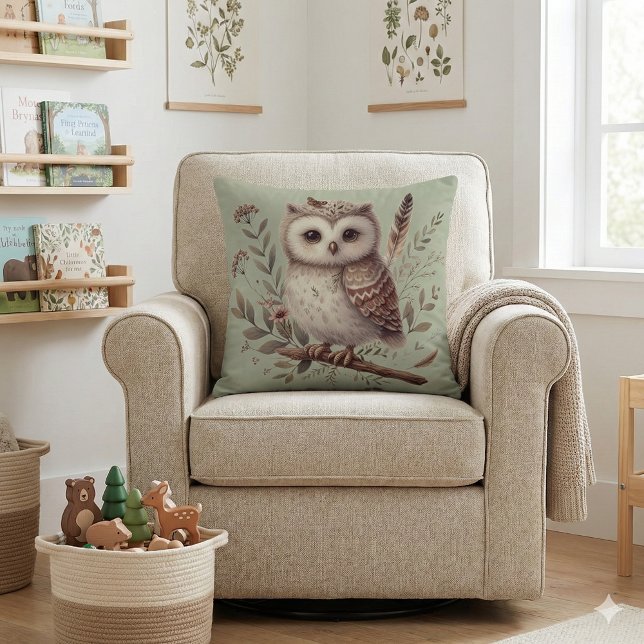 Launenhafte botanische Illustration einer Eule im  Kissen (Whimsical Woodland Owl Botanical Illustration Throw Pillow Mockup A)