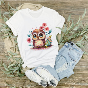 Launenhafte Eule mit Blumen und kleinem Haus T-Shirt