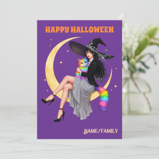 Launenhafte Hexe und Regenbogenkatze Halloween Karte