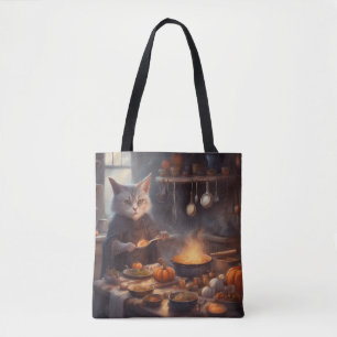 Launenhafte Hexenkatze kocht Halloween-Abendessen