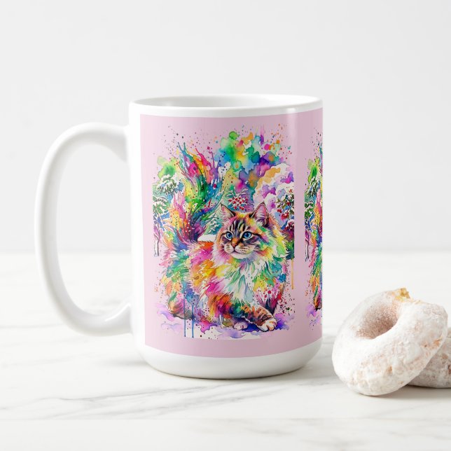 Launenhafte Regenbogen-Wasserfarbe Fluffige Katze  Kaffeetasse (Mit Donut)