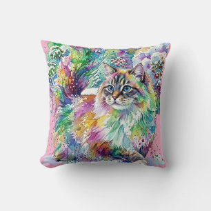 Launenhafte Regenbogen-Wasserfarben-Fluschkatze im Kissen