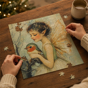 Launenhafte Vintage-Weihnachtsfee mit Rotkehlchen Puzzle