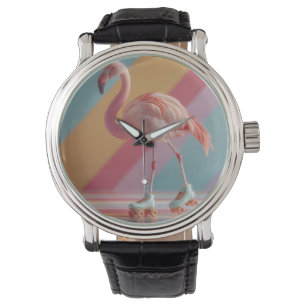 Launenhafter Rosa-Flamingo auf Rollschuhen Armbanduhr