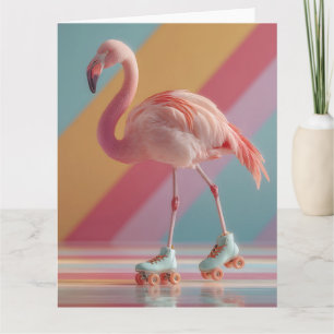 Launenhafter rosa Flamingo auf Rollschuhen Karte