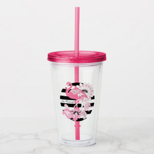 Launenhafter Rosa Flamingo Schwarz-Weiß-Gestreift Acryltrinkbecher